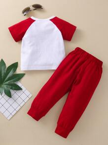 Baby Boy Slogan Graphic Raglan Sleeve Tee & Joggers - Red and White - View 2