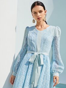 SHEIN 燈籠袖腰帶歐根紗洋裝