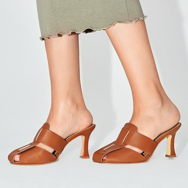 

Hollow Out Square Toe Mules, Brown