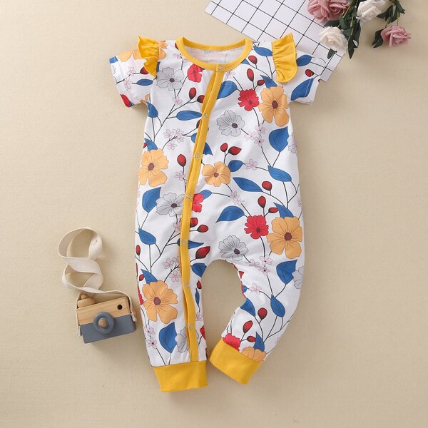 

Baby Girl Floral Print Ruffle Trim Jumpsuit, Multicolor