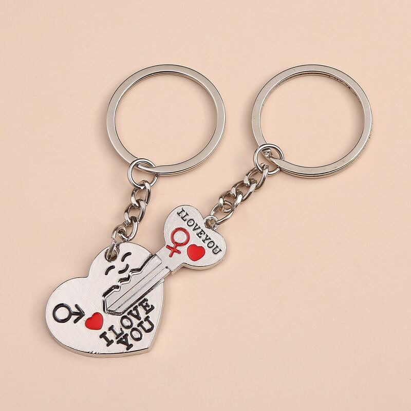 

2pcs Heart & Key Couple Keychain, Silver