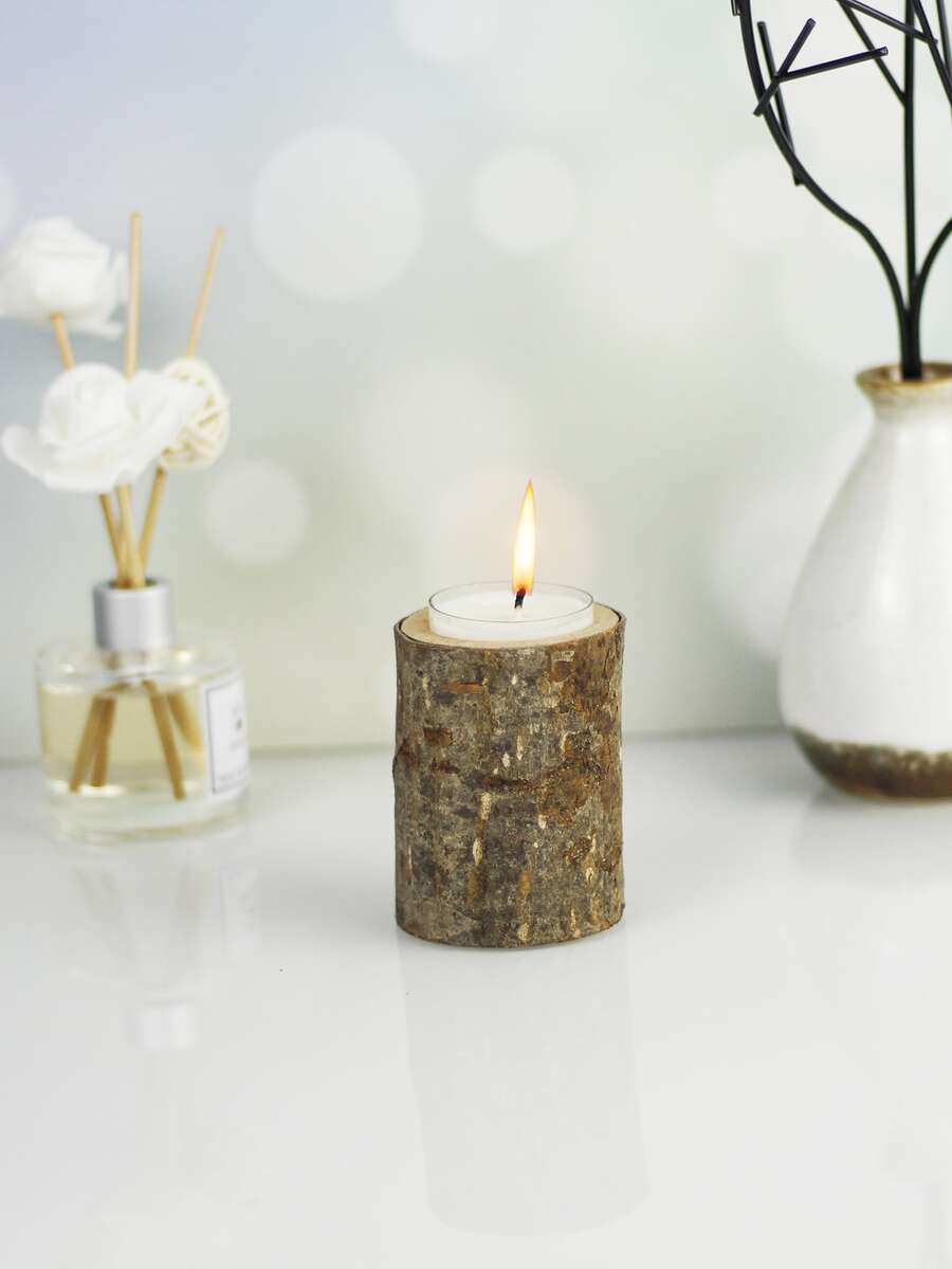 Tree Stump Design Wooden Candle Holder - Brown - View 1