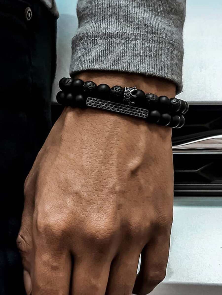 RINTOLER Thời trang và phổ biến 2 chiếc Vòng tay đính cườm trang trí vương miện nam cho món quà trang sức và cho vẻ ngoài sành điệu - màu đen - Xem 1