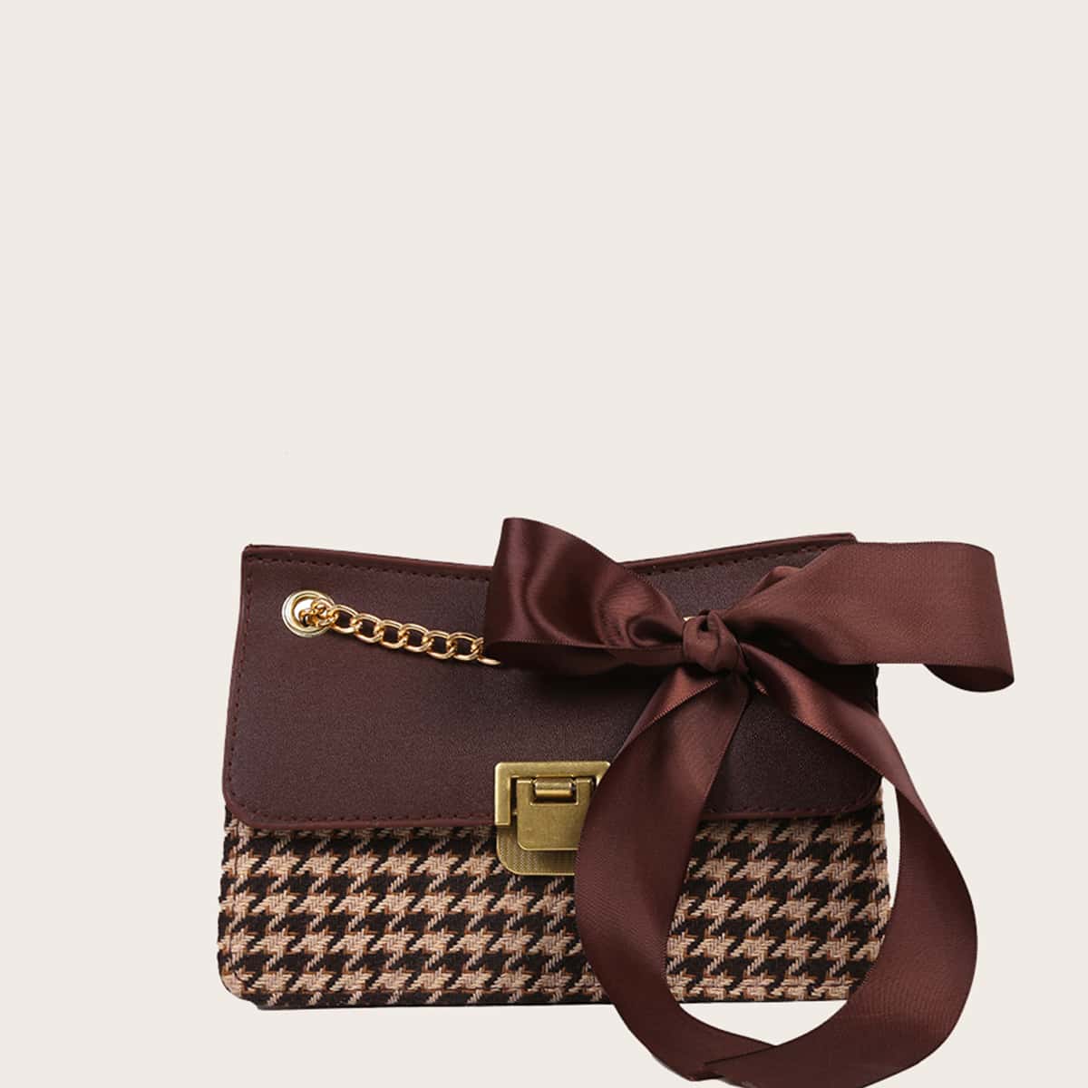 

Ribbon Tie Houndstooth Bag, Brown