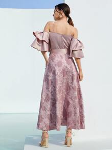 SHEIN Cold Shoulder Layered Ruffle Sleeve Floral Belted Jacquard Dress ...