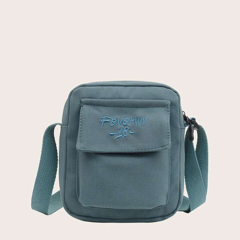 

Letter Embroidery Crossbody Bag, Teal blue