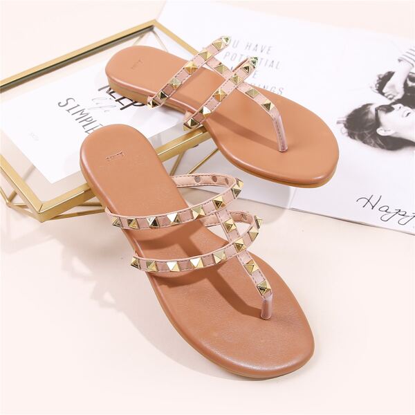 

Spiked Decor Flat Thong Sandals, Pink