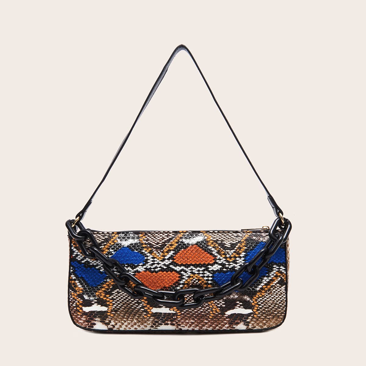

Snakeskin Print Chain Shoulder Bag, Multicolor