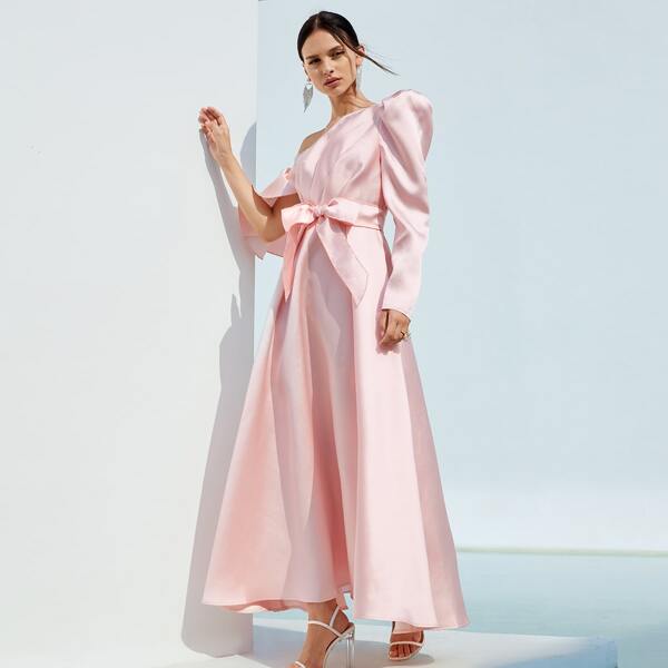 

Asymmetrical Neck Lace Trim Belted Satin Dress, Baby pink