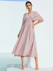 SHEIN 紐扣傘狀下擺素色連衣裙 - 藕粉色 - 查看 1