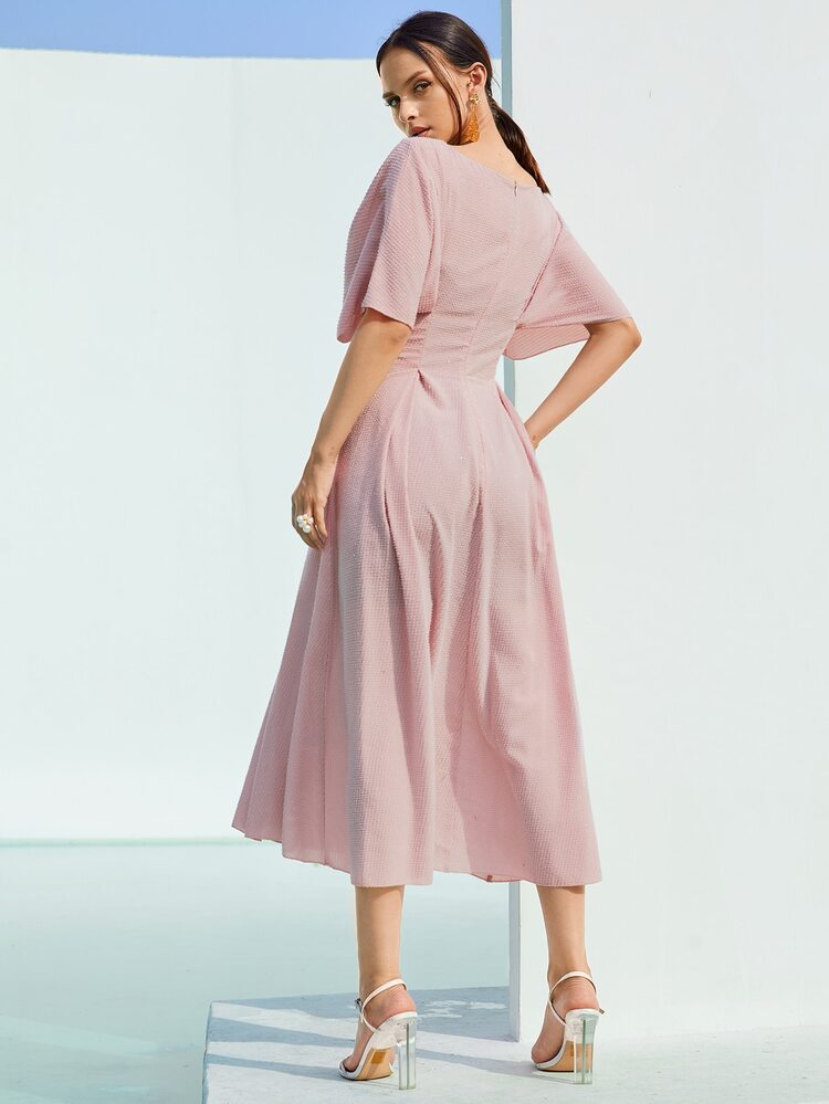 SHEIN Button Front Flare Hem Solid Dress - Dusty Pink - View 2