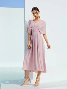 SHEIN 紐扣傘狀下擺素色連衣裙 - 藕粉色 - 查看 3