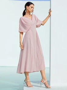 SHEIN 紐扣傘狀下擺素色連衣裙 - 藕粉色 - 查看 4