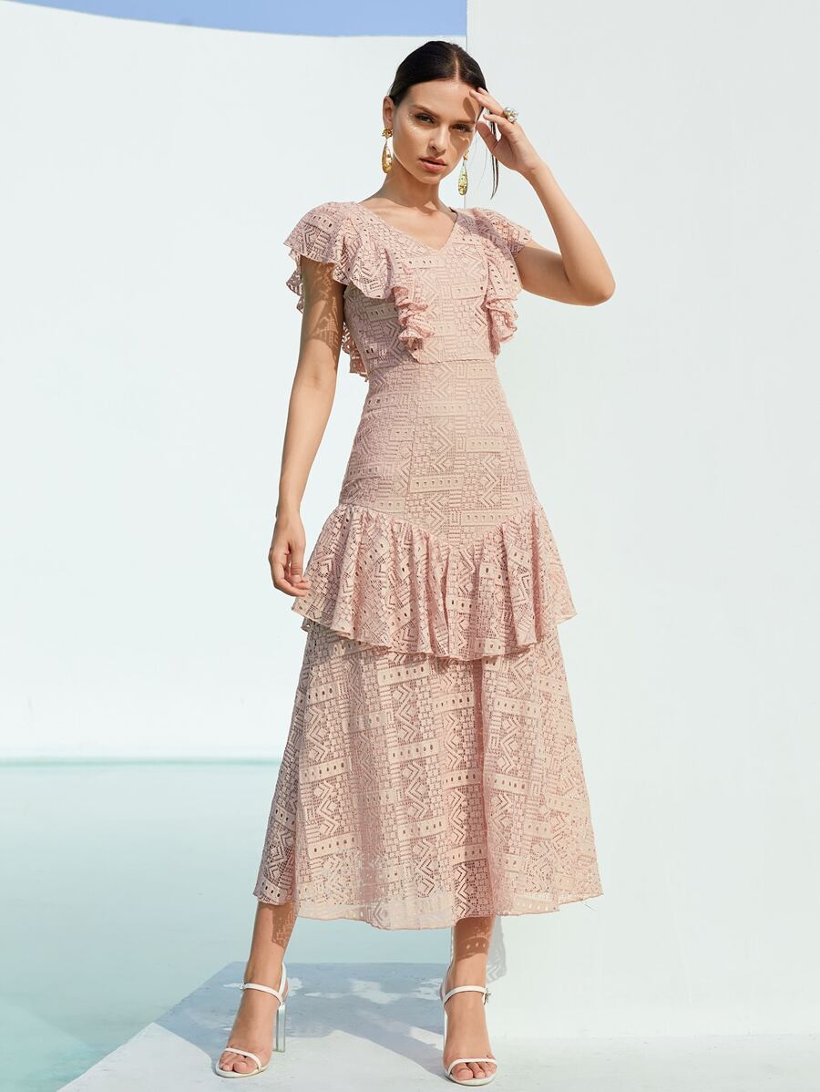 SHEIN 荷葉邊素色蕾絲洋裝