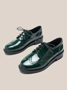 Artificial Patent Leather Oxford Shoes - Dark Green - View 4