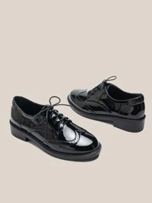 Artificial Patent Leather Oxford Shoes, Round-Toe Chunky-Heeled Black Women's Flat Shoes, Suitable for Work and Fashionable. - Black - View 2