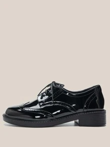 Artificial Patent Leather Oxford Shoes, Round-Toe Chunky-Heeled Black Women's Flat Shoes, Suitable for Work and Fashionable. - Black - View 3