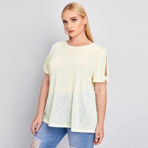 

Plus Split Sleeve Solid Tee, Pastel yellow