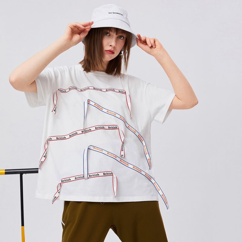 

Drop Shoulder Letter Tape Top, White