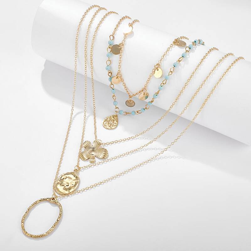 

2pcs Floral & Ring Charm Layered Necklace, Gold