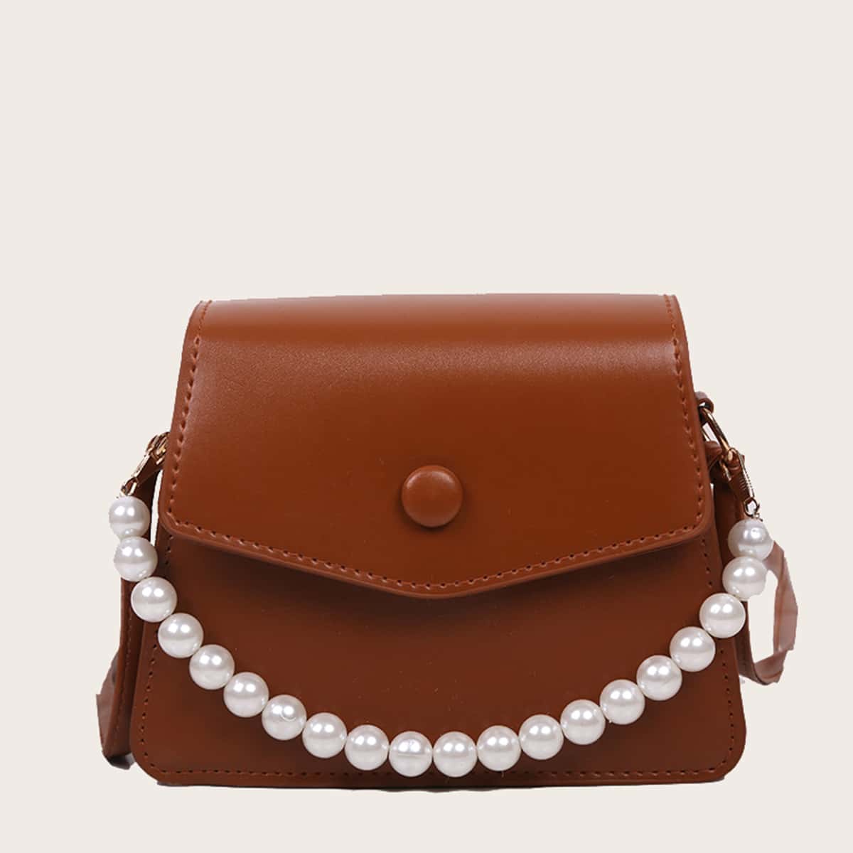 

Faux Pearl Beaded Flap Bag, Brown