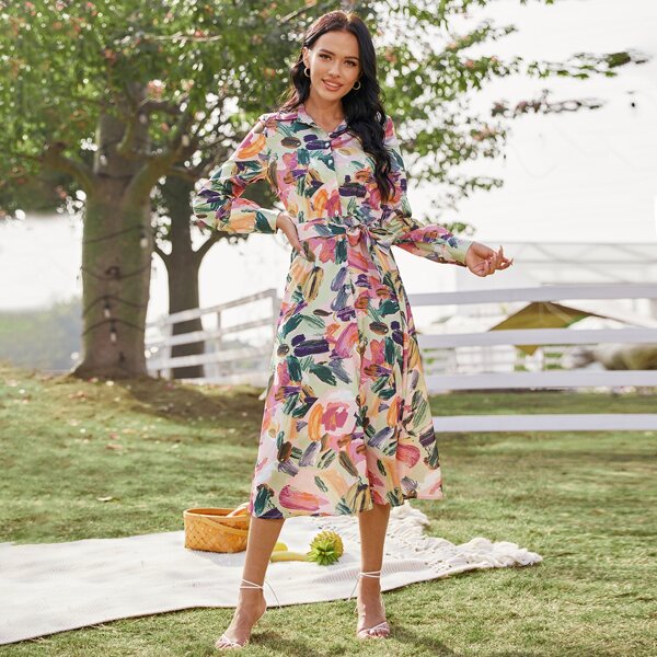 

All Over Floral Print Button Front Belted Shirt Dress, Multicolor