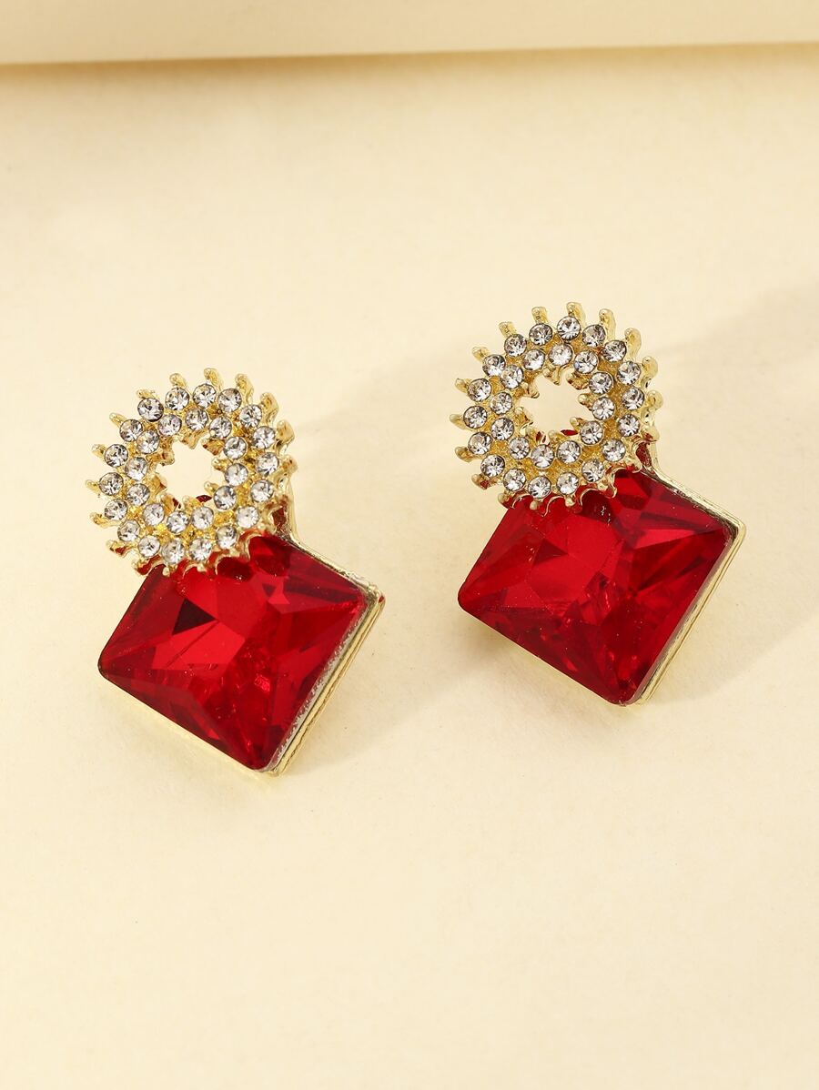 1 Pair Elegant Luxury Red Geometry Square Crystal Gem Dangle Earrings, Fashion Accessory For Party
