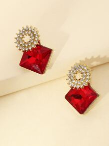 1 Pair Elegant Luxury Red Geometry Square Crystal Gem Dangle Earrings, Fashion Accessory For Party