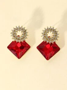 1 Pair Elegant Luxury Red Geometry Square Crystal Gem Dangle Earrings, Fashion Accessory For Party