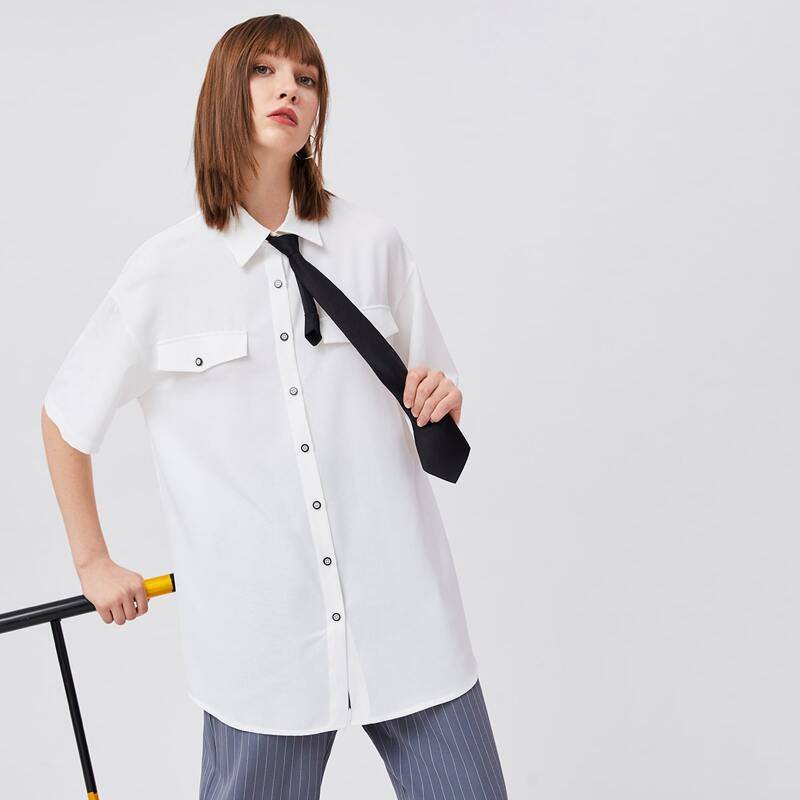 

Single Breasted Flap Detail Blouse With Tie, White