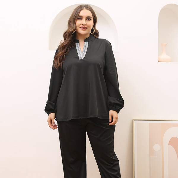 

Plus Notched Bishop Sleeve Top & Pants, Black
