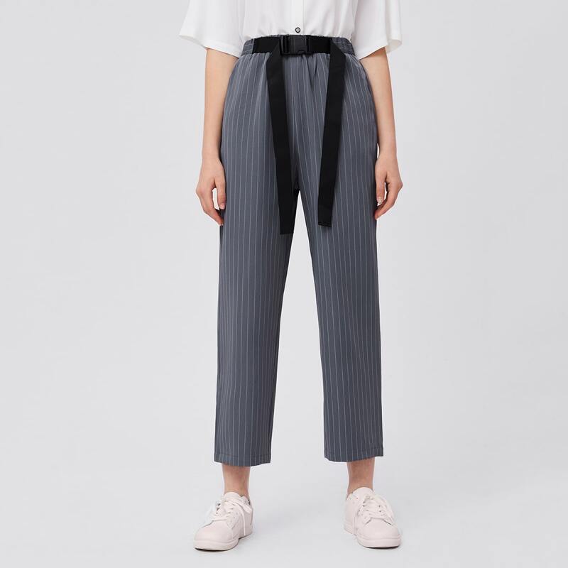 

Buckle Belted Striped Pants, Dark grey