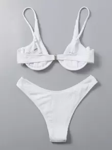 SHEIN Swim 紋理有胸墊的比基尼套裝，適合夏季海灘度假 - 白色 - 查看 2