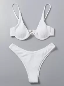 SHEIN Swim 紋理有胸墊的比基尼套裝，適合夏季海灘度假 - 白色 - 查看 3