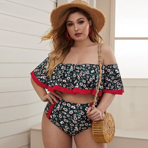 

Plus Floral Ruffle Bardot Bikini Swimsuit, Multicolor