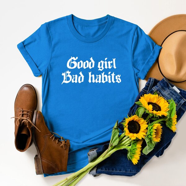 

Slogan Graphic Round Neck Tee, Blue