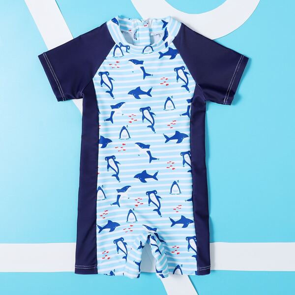 

Baby Boy Random Shark Print One Piece Swimsuit, Multicolor
