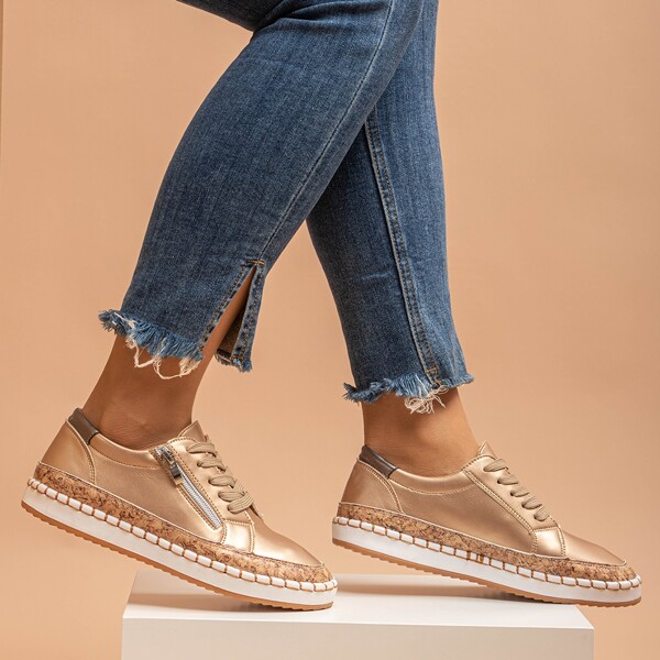 

Lace-up Front Zip Decor Sneakers, Gold