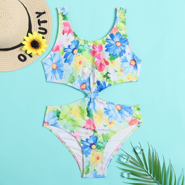

Girls Floral Cut-out One Piece Swimsuit, Multicolor