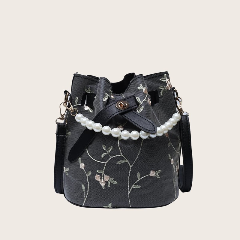 

Flower Embroidery Bucket Bag, Black