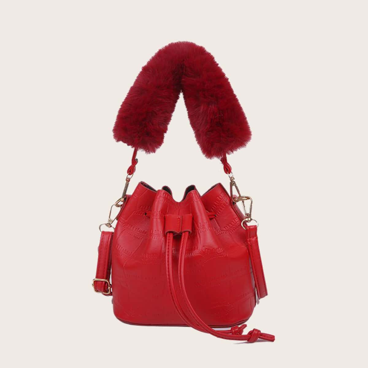 

Croc Embossed Drawstring Bucket Bag, Red