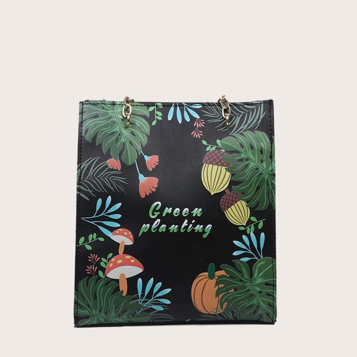 

Mushroom & Palm Leaf Chain Tote Bag, Black