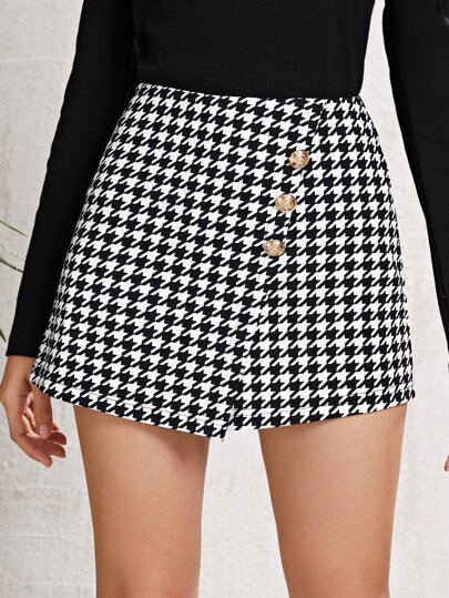 SHEIN Frenchy Gold Button Front Houndstooth Skort