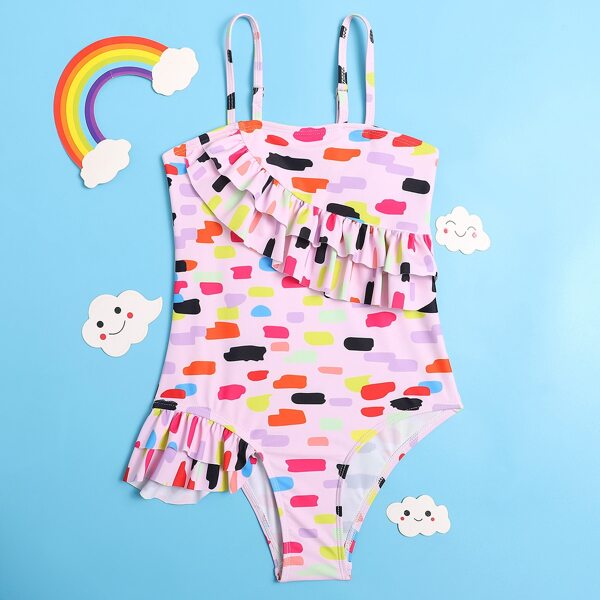 

Girls Allover Graphic Ruffle One Piece Swimsuit, Multicolor