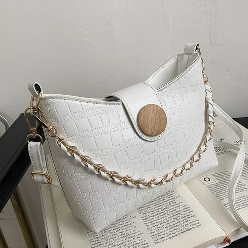

Croc Embossed Chain Baguette Bag, White