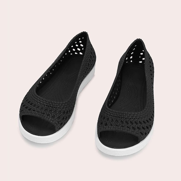 

Peep Toe Hollow Out Flats, Black