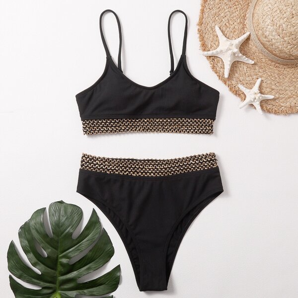 

Rib High Waisted Bikini Swimsuit, Black