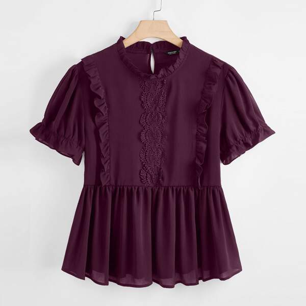 

Plus Lace Panel Ruffle Trim Chiffon Peplum Blouse, Purple