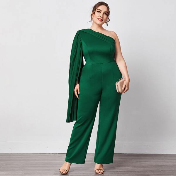 

Plus One Shoulder Cloak Sleeve Jumpsuit, Dark green