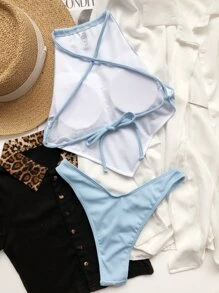 Rib Hanky Hem Bikini Set Summer Beach - Baby Blue - View 2